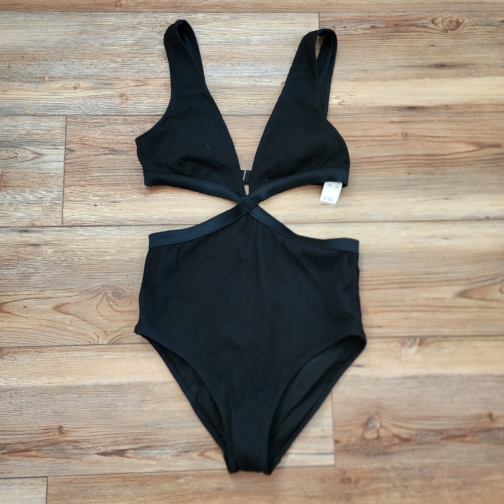 Aerie One Piece Swimsuit Women's S Black Ribbed Cut Out NEW